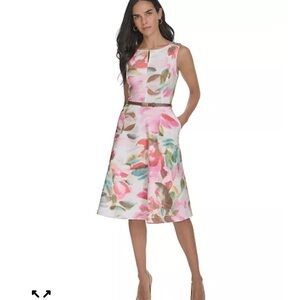 Calvin Klein Women's Floral Belted Jewel-Neck A-Line Dress